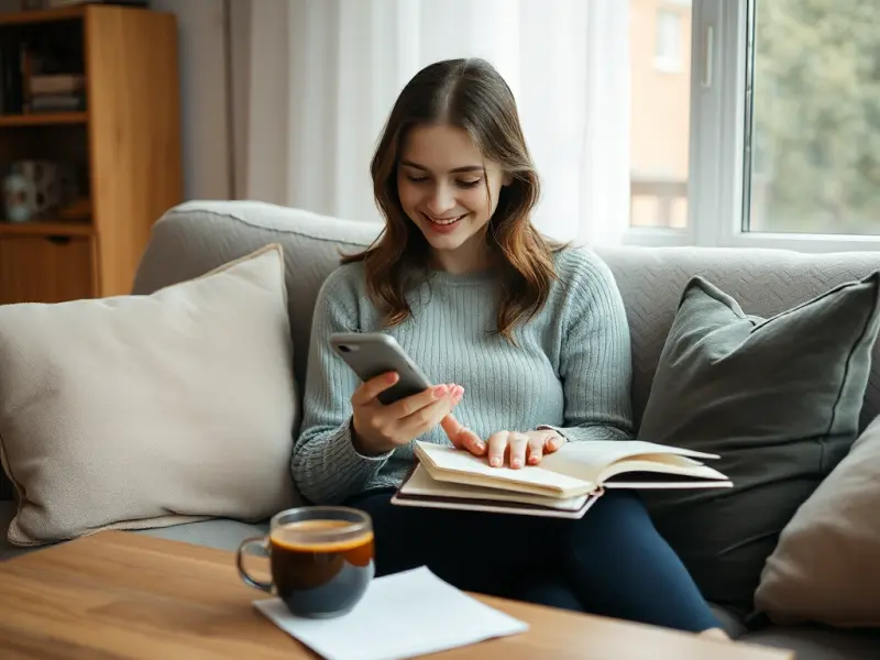 A woman on her sofa smiling at her phone while planning an event